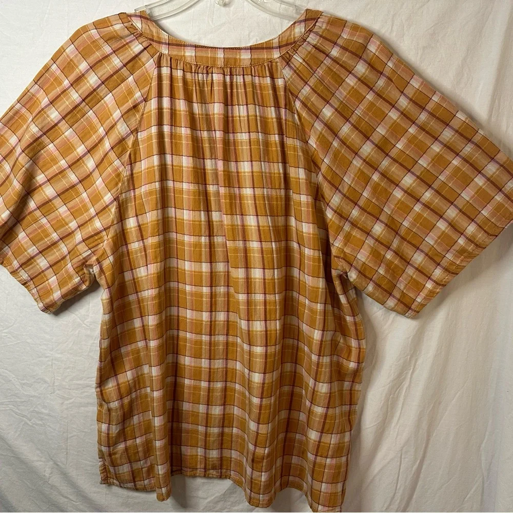 BeachLunchLounge XL Mustard Plaid Blouse Boho Peasant Top - Picture 5 of 6